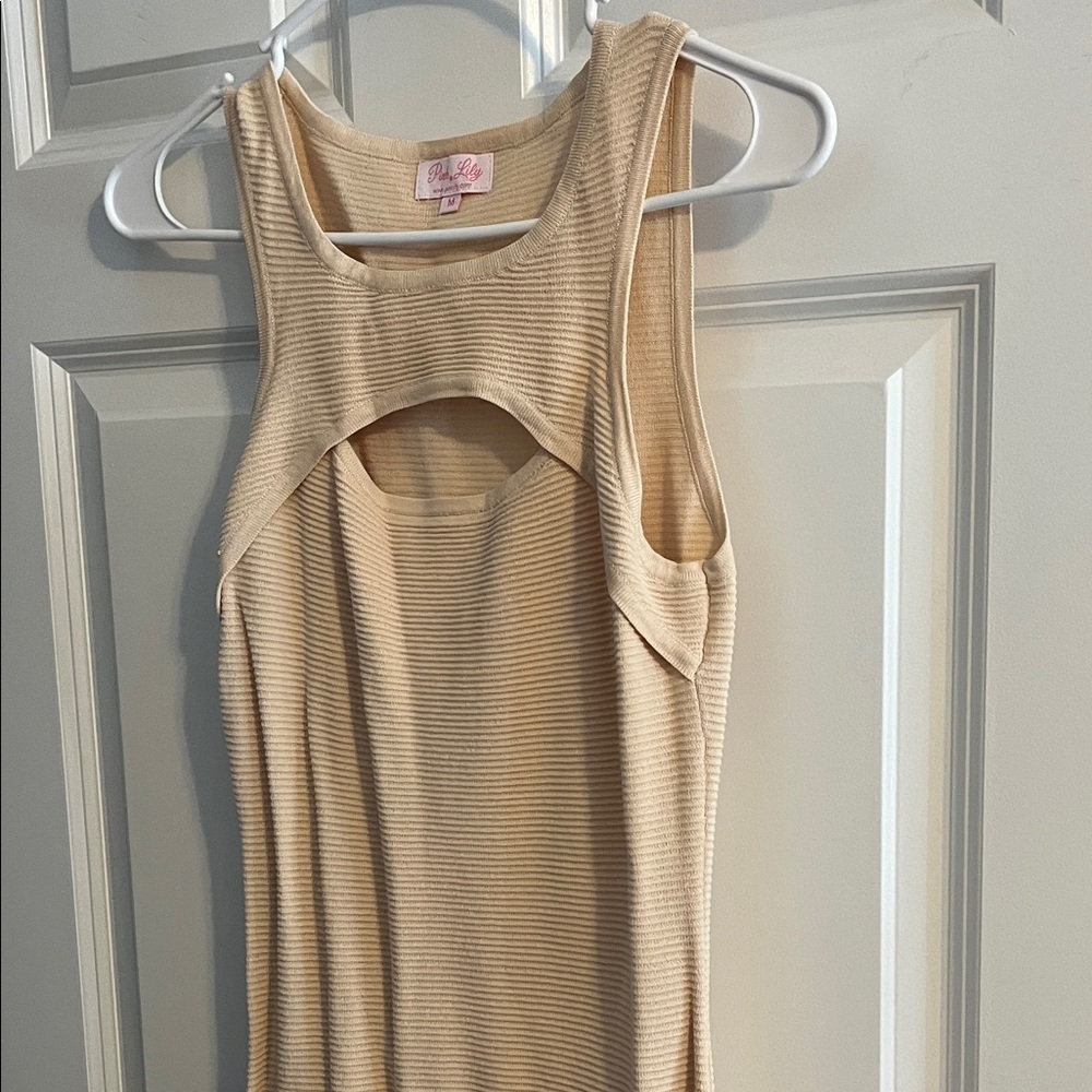 Pink Lily Beige Ribbed Sleeveless Midi Dress